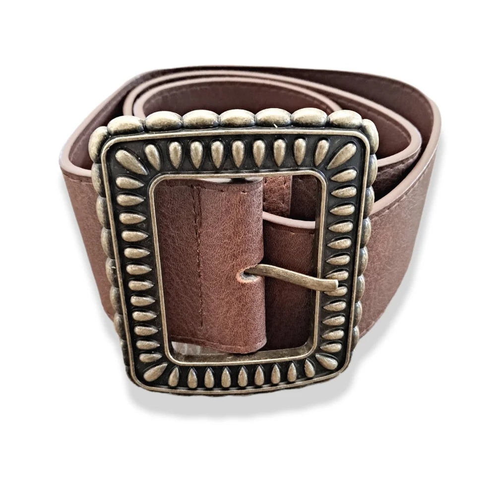 Wide western brown faux leather boho chunky bronze buckle waist retro belt - Picture 4 of 14